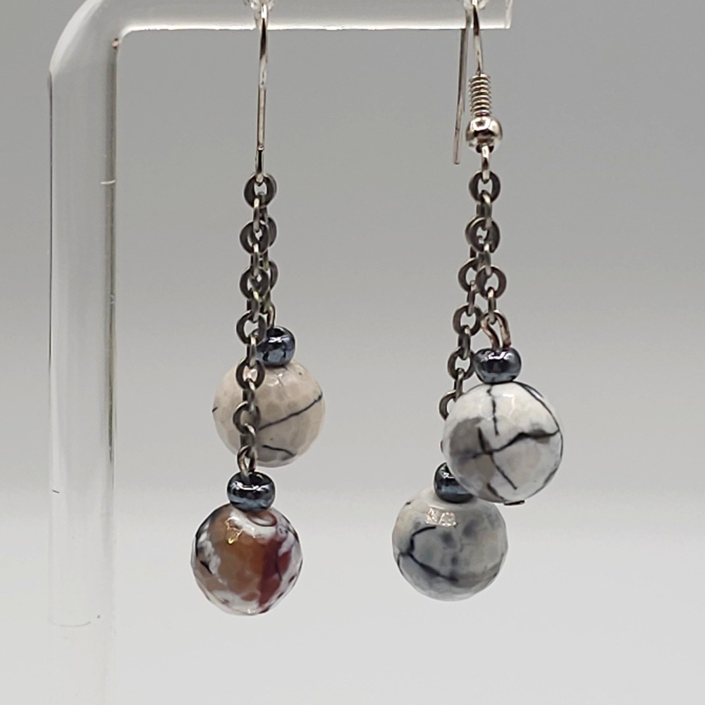 Dangle Drop Earrings White Gray Marbled Agate Bead Silver‎ Tone Chain Boho 2"